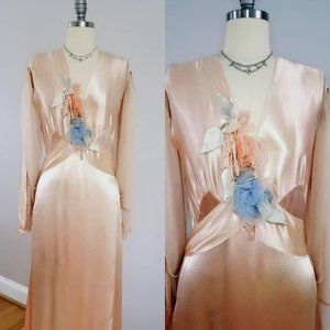 Rare 1930s Peach Silk Satin Bias Cut Wedding Gown